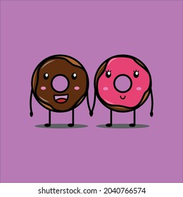 cute couple doughnut donut hand in hand doodle vector illustration