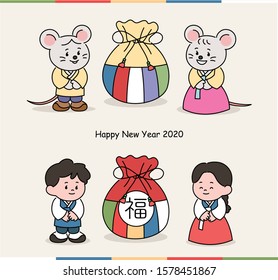 Cute couple dressed in Korean traditional costume  Korean traditional lucky bag  Chinese character translation: good luck  hand drawn style vector design illustrations
