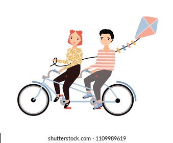 Cute couple dressed in trendy clothes riding tandem bicycle and holding kite. Young man and woman sitting on bike isolated on white background. Colorful vector illustration in flat cartoon style