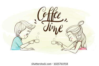 Cute couple drinking coffee in the cafe. Hand drawning Vector Illustration.
