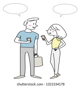 Cute couple drinking coffee. Couple holding disposable cups of coffee and talking to each other.  