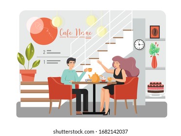 Cute couple drinking coffee and talking to each other while sitting at table in cafe, vector flat style design illustration. Young people visiting cafe. Happy romantic couple in love having date.