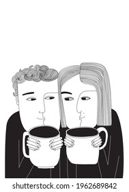 Cute couple drinking coffee together. Man with woman. Vintage poster. Black and white illustration.Couple in love drinking coffee or tea. Romantic retro poster. Boy and girl.Young funny man and woman.