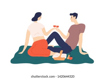 Cute couple drinking wine during romantic date outdoors. Portrait of boyfriend and girlfriend enjoying food at picnic. Man and and woman celebrating anniversary. Flat cartoon vector illustration.