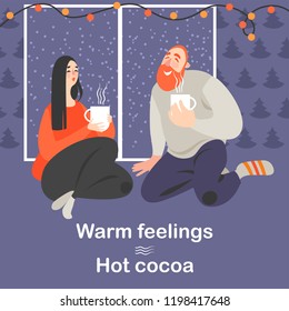 Cute couple drinks hot cocoa from large white mugs on a cold winter day. Vector illustration in cartoon style