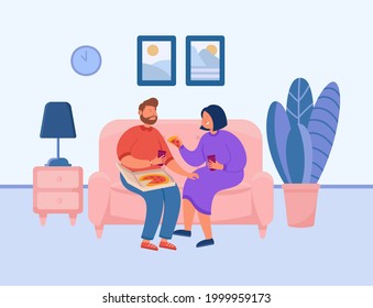 Cute couple eating pizza on couch. Boyfriend and girlfriend on sofa, man and woman eating together at home flat vector illustration. Junk food, relationship, love concept for banner, website design