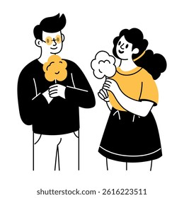 A cute couple eating together, hand drawn style illustration 

