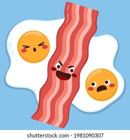 Cute couple of eggs with sad expression and bacon slice in the middle separating them