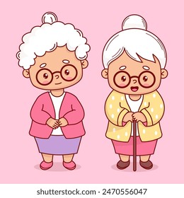 Linda pareja de ancianas abuelas de pelo gris con palo. Ilustración vectorial. Personaje femenino de dibujos animados feliz aislado abuela dama