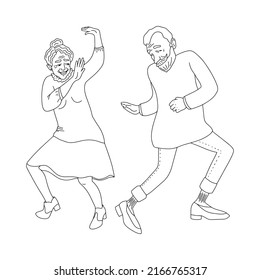 Cute couple of elderly people are dancing a fun dance. Grandpa and grandma are dancing a retro dance. Dance duo outline. Vector.