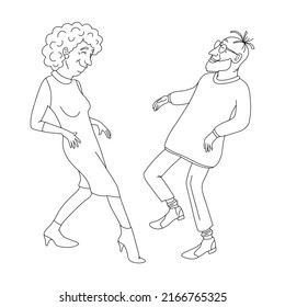 Cute couple of elderly people are dancing a fun dance. Grandpa and grandma are dancing a retro dance. Dance duo outline. Vector.