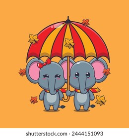 Linda pareja elefante con paraguas en la temporada de otoño. Ilustración vectorial de dibujos animados de la mascota conveniente para el póster, folleto, Web, mascota, etiqueta engomada, logotipo e icono.