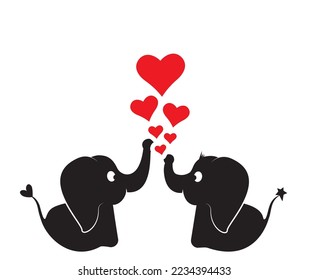 Cute couple elephants silhouettes with hearts on their trunk illustration, vector. Cartoon character. Childish wall art, wall decals. Elephant silhouette isolated on white background