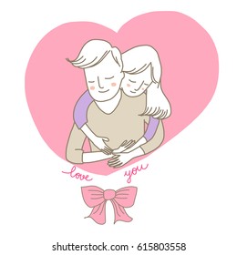 Cute couple embracing each other totally in love. Valentine's Day card or wedding anniversary card with romantic lovely woman embracing her man from behind enclosed by baby pink heart shape.
