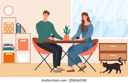 Cute couple is enjoying cozy romantic date at home. Man and woman having nice talk while drinking soft drinks. Couple in love is spending time together. Flat cartoon vector illustration
