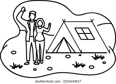 Cute Couple enjoying summer camp Concept, Holiday with friends having a good time vector outline icon design, Outdoor weekend Activity symbol, Tourist Holiday Scene Sign, Happy people at Vacation