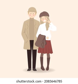 Cute Couple in fall autumn outfit taking photo and pose with peace sign