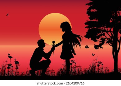 cute couple fall in love silhouette