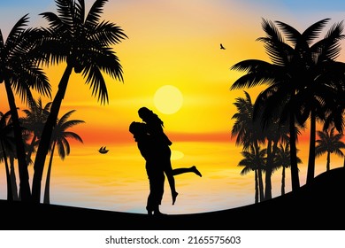 cute couple fall in love silhouette