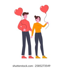 Cute couple falling in love holding a heart shaped balloon, standing together, Cartoon flat illustration 