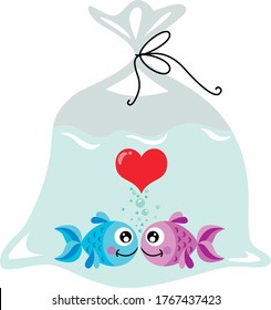 Cute couple of fish in love inside the plastic bag
