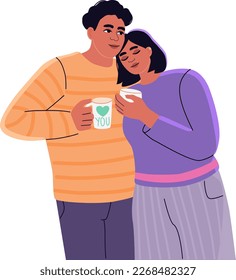 Cute couple flat illustration isolated on a white background. Man and woman hugging and having a drink. A concept of Hygge lifestyle.
