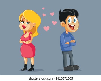 Cute Couple Flirting at First Date Vector Cartoon. Man and woman falling in love at first sight
