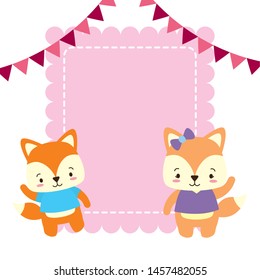 cute couple fox animals greeting card vector illustration