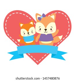 cute couple fox animals heart love ribbon vector illustration