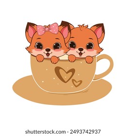 cute couple fox in coffee mug vector illustration