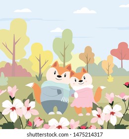Cute a couple fox in the forest cartoon,a lover fox looking flower in  the garden,illustration vector doodle comic art for any card.