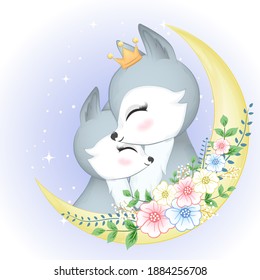 Cute couple Fox and moon hand drawn cartoon animal watercolor illustration