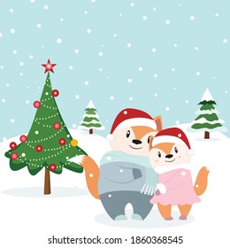 Cute a couple fox wolf happy on christmas day cartoon,with backgroud of snow and christmas tree.