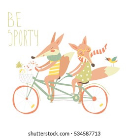 Cute couple foxes ride tandem bicycle