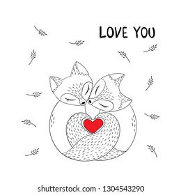 Cute couple of foxes in simple graphic style. Heart shape, composed of fox tails. Lovers animals. Vector illustration with the words love you. Cartoon poster, Valentine's day card.