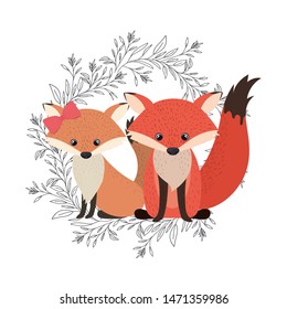 cute couple of foxes with wreath
