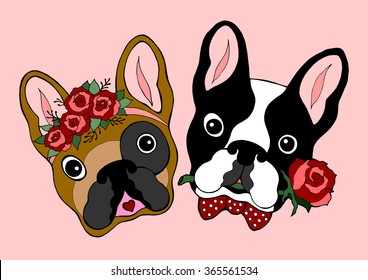 cute couple french bulldog dating, hand drawn vector illustration design, sugar skull dogs, valentines