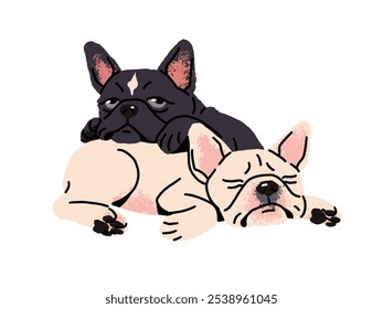 Um belo casal de buldogues franceses dorme juntos. Cachorros engraçados descansam, mentindo. Cachorros adormecidos relaxam. Divertidos animais de estimação, animais domésticos. Ilustração de vetor isolado plano sobre fundo branco