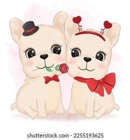 Cute Couple French Bulldog valentine's day concept illustration