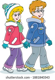 Cute couple friendly smiling, talking and strolling hand in hand on a winter walk, vector cartoon illustration isolated on a white background
