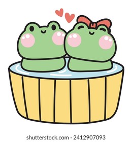 Cute couple frog stay in bath together.Onsen time.Shower.Valentines day.Reptile animal character cartoon design.Kawaii.Vector.Illustration.