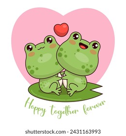 Lindo par de ranas enamoradas del corazón. Personaje divertido kawaii animal. Ilustración vectorial. Tarjeta de San Valentín con eslogan romántico