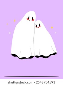 cute couple of ghosts embrace and look each other and smile