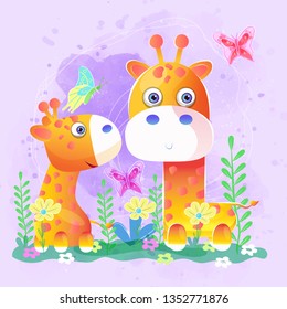 cute couple giraffe with butterfly and flowers. Can be used for kids/babies shirt design, fashion print design,t-shirt, kids wear,textile design,celebration card/ greeting card, invitation card - Vect