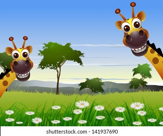 cute couple giraffe cartoon with landscape background