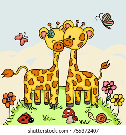 Cute couple giraffe  in a forest background
