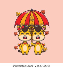 Cute couple giraffe with umbrella at autumn season. Mascot cartoon vector illustration suitable for poster, brochure, web, mascot, sticker, logo and icon.