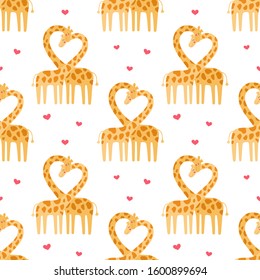 Cute couple of giraffes seamless pattern. Love story of wild animals, Valentines day. Print for wrapping, fabric, wallpaper. Vector illustration on a white background for children.