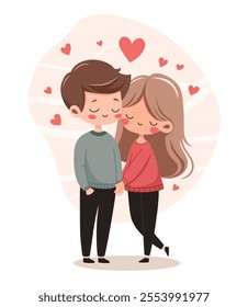 Cute couple of girl and boy in love holding hands. Young couple with floating hearts around. Valentines day romantic concept. Boyfriend and girlfriend in relationship. Flat vector illustration.