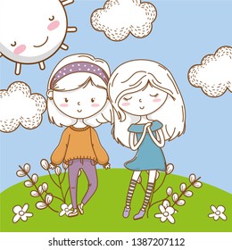 Cute couple girls friends colorful nature background Cute couple girls friends colorful nature background